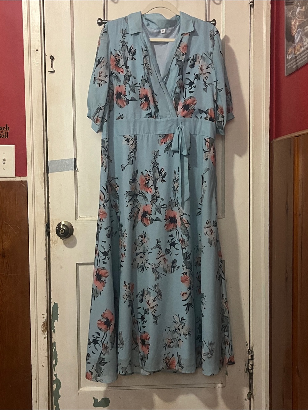 Light Blue Floral Wrap Midi Dress with Tie Waist